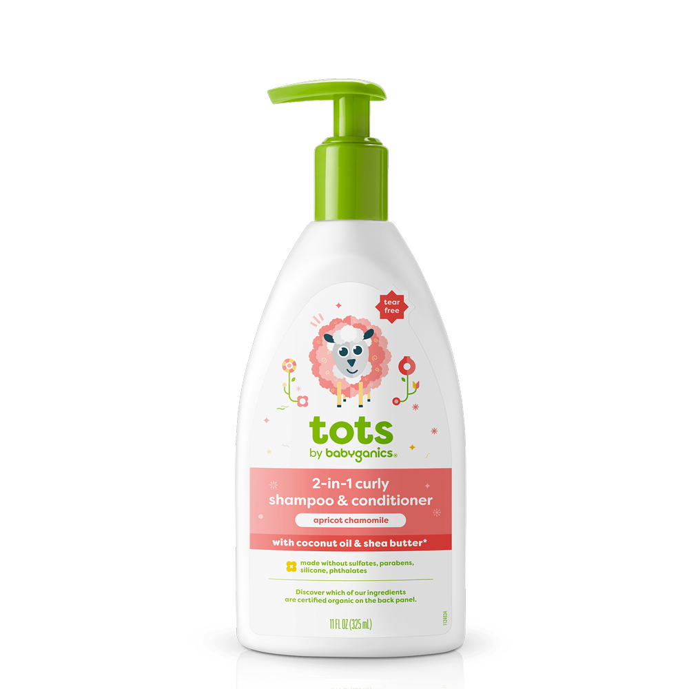 tots 2-in-1 shampoo & conditioner for curly hair, apricot chamomile fragrance, bottle front
